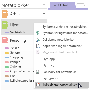 Skjermbilde av hvordan du lukker en notatblokk i OneNote 2016.