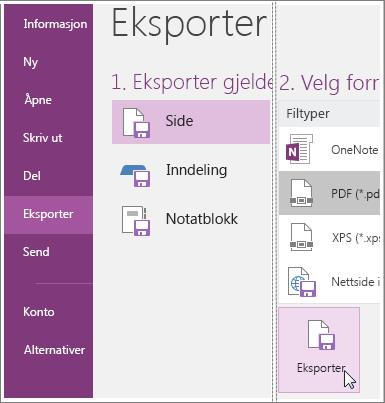 Skjermbilde av hvordan du eksporterer en side med notater i OneNote 2016.