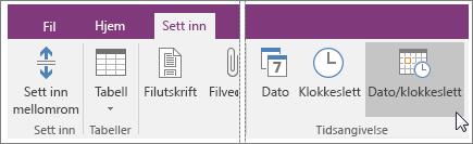 Skjermbilde av knappen Data og klokkeslett i OneNote 2016.