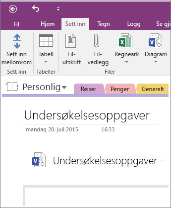Skjermbilde av hvordan du setter inn et nytt Visio-diagram i OneNote 2016.