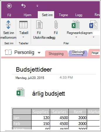 Skjermbilde av et integrert regneark i OneNote 2016.