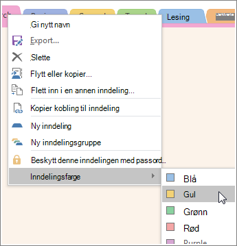 Skjermbilde av hvordan du endrer en inndelingsfarge i OneNote 2016.
