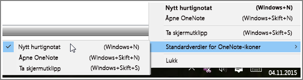 Skjermbilde av systemstatusfeltet med alternativer for OneNote.