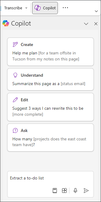 Skriv inn Pakk ut gjøremålsliste i Copilot-ruten i OneNote