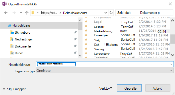 Dialogboksen Opprett ny notatblokk i OneNote for Windows 2016