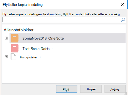 Dialogboksen Flytt eller kopier inndeling i OneNote for Windows 2016