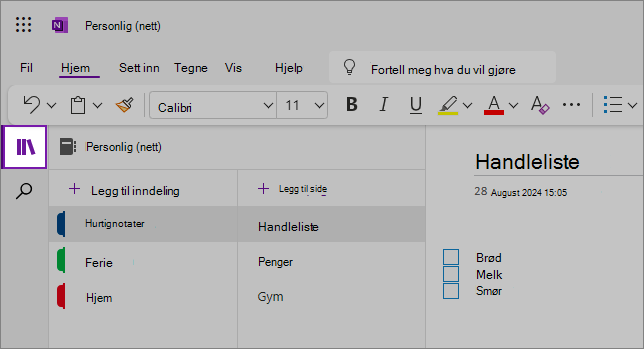 Visning av brukergrensesnittet for OneNote web som viser innholdsområdet