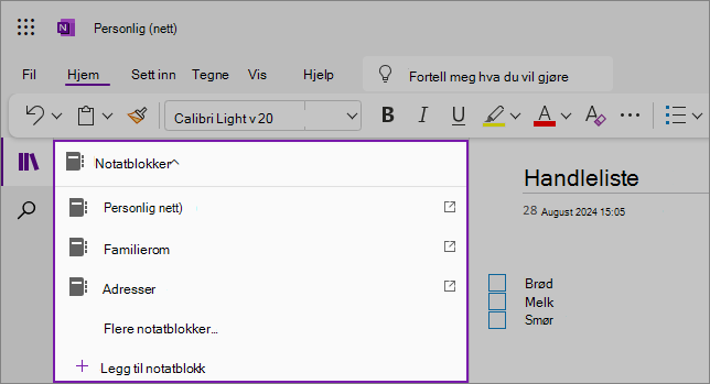Skjermbilde av eksempelliste for nedtrekksmeny for OneNote-notatblokker