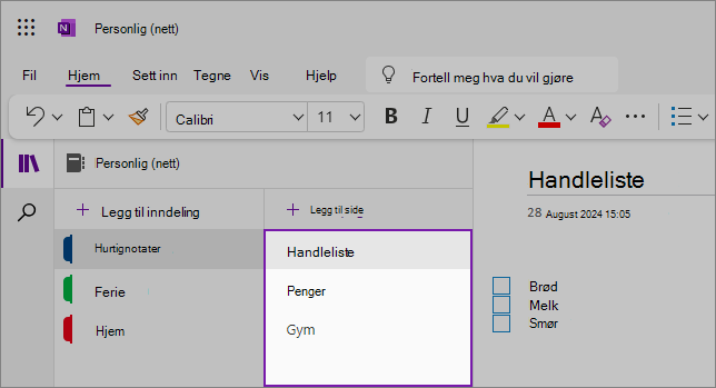 Visning av nettbrukergrensesnittet for OneNote som viser innholdsområdet