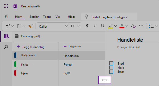 Skjermbilder som viser hvordan du endrer størrelsen på OneNote-navigasjonsruter