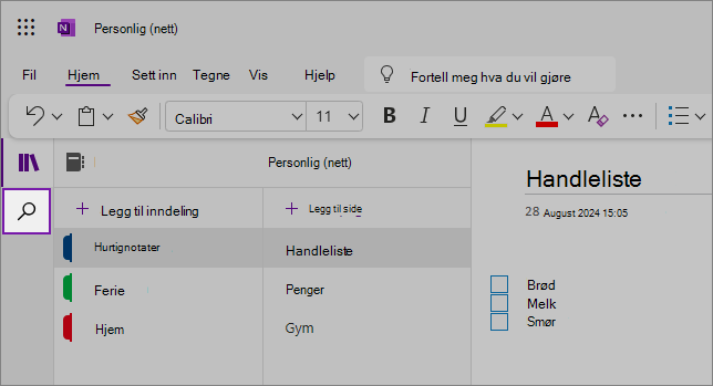 Visning av nettbrukergrensesnittet for OneNote som viser innholdsområdet