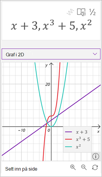 skjermbilde av matematikkhjelp generert graf med tre formler, x pluss 3 i lilla, x til tredje pluss 5 i rødt og x kvadrert i grønt.
