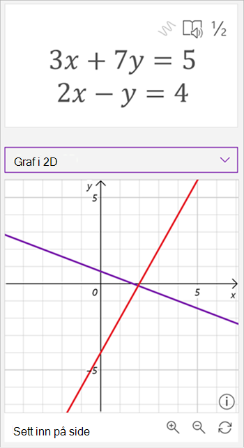 skjermbilde av matematisk assistent generert graf som viser formler 3 x pluss 7 y er lik 5 og 2 x minus y er lik 4. grafen viser to kryssende linjer, én lilla og én rød.
