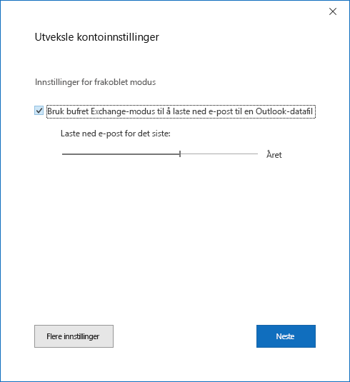 Dialogboksen Kontooppsett, siden Innstillinger for Exchange-konto.
