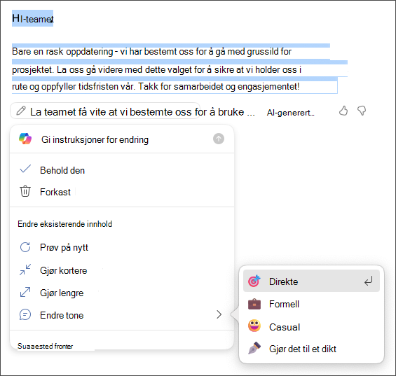 Velg å beholde, forkaste, generere på nytt eller endre alternativene for tone og lengde