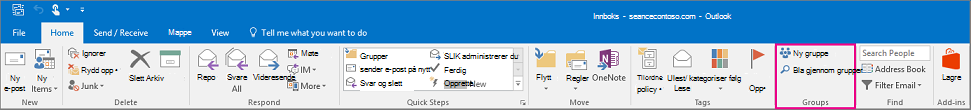 Alternativer for Grupper på hovedbåndet i Outlook