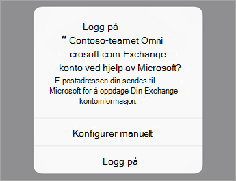 Trykk logg på hvis du bruker O365, eller trykk konfigurer manuelt hvis du har serverinnstillingene for organisasjonen.