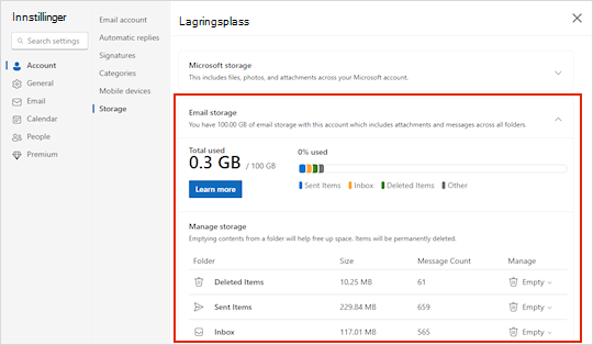 Lagringsmeny for Outlook.com.