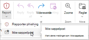 Du kan bruke knappen Rapporter > ikke søppelpost til å gjenopprette en melding fra Søppelpost-mappen og deretter be Outlook om å slutte å sende meldinger fra denne avsenderen til Søppelpost-mappen.