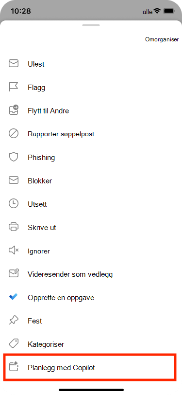 Planlegg fra e-post kan velges fra Flere handlinger-menyen