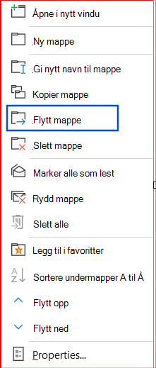 Skjermbilde av alternativet Flytt mappe valgt i navigasjonsruten.
