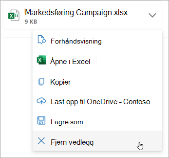 Velg pil ned ved siden av vedlegget, og velg deretter Fjern vedlegg