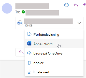 Skjermbilde som viser rullegardinlisten for å åpne et vedlegg i Word
