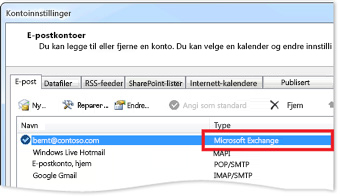 Eksempel på en Exchange-konto i dialogboksen Kontoinnstillinger