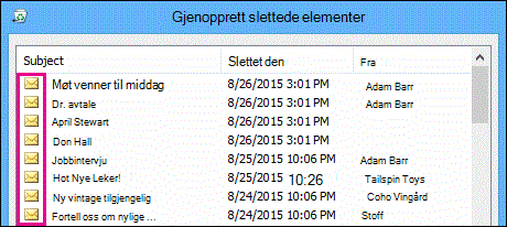 Alle elementtyper har det samme ikonet i mappen for gjenopprettelige elementer
