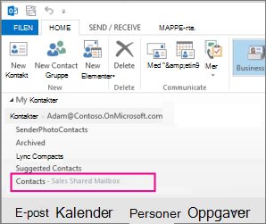 Delt kontaktliste vises i kontaktruten i Outlook