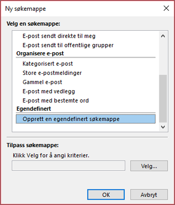 Velg Opprett en egendefinert søkemappe