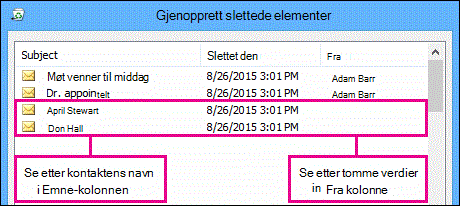 Sorter Emne- eller Fra-kolonnen for å finne kontakter