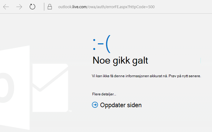 Outlook.com Noe gikk galt feilkode 500
