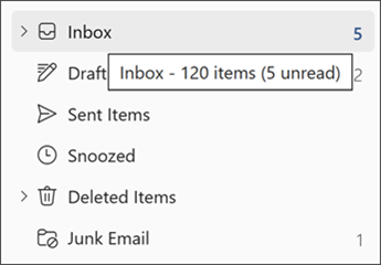 Et skjermbilde av den pekerfølsomme meldingen som viser antall meldinger i en mappe.