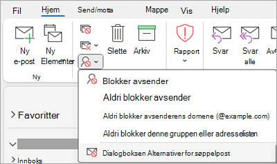 Skjermbilde som viser rullegardinlisten Blokker avsender med Alternativer for søppelpost valgt
