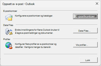 E-postoppsett – Dialogboksen Outlook som åpnes via E-postinnstillinger i Kontrollpanel.