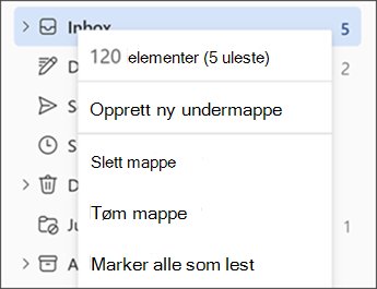 Skjermbilde som viser menyen når du høyreklikker en mappe