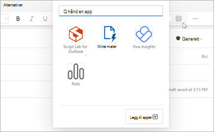 Undermeny for apper fra båndet i en melding som skrives i Outlook på nettet og i nye Outlook for Windows.