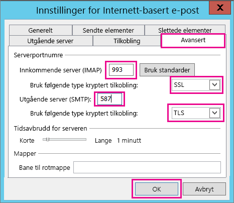 Skriv inn de avanserte e-postinnstillingene.