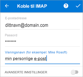 Skriv inn passordet ditt og eventuelle nødvendige serverinnstillinger.