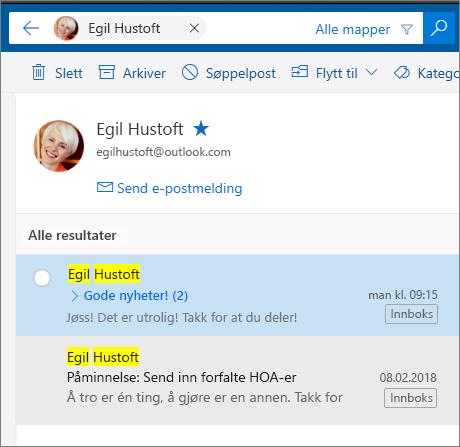 Søk etter en person for å se alle e-postmeldinger