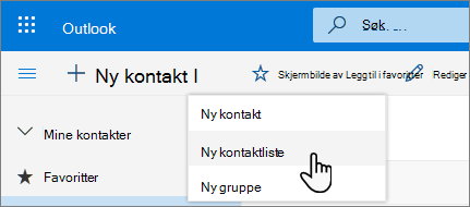 Et skjermbilde av Ny kontakt-menyen med Ny kontaktliste valgt