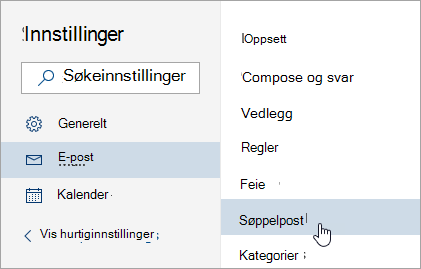 Et skjermbilde av Innstillinger-menyen med søppelpost som er valgt