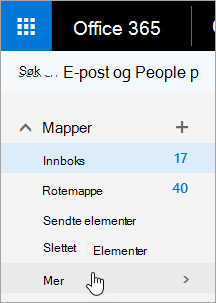 Skjermbilde av markøren som holdes over Mer-knappen i navigasjonsruten i Outlook på nettet.