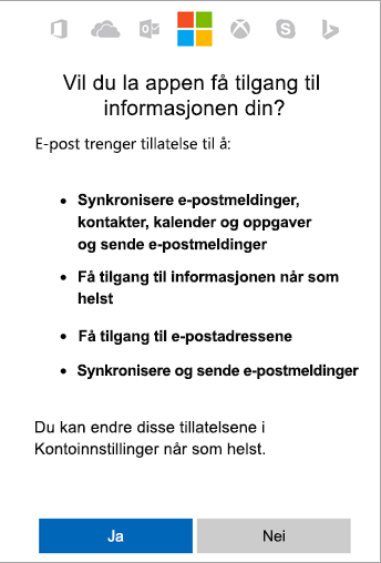 Trykk på Ja for å godta tillatelser