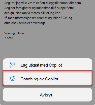 Menyalternativ for Veiledning fra Copilot i Outlook på mobil