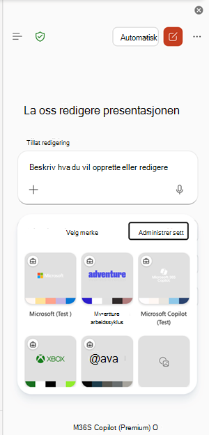 Skjermbilde som viser Managebrandkits inngangspunkt i PowerPoint.