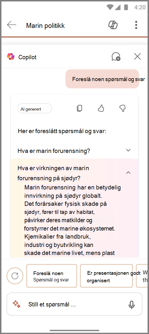 Skjermbilde av Copilot i PowerPoint på Android med resultatene av Foreslå noen spørsmål&som-ledeteksten