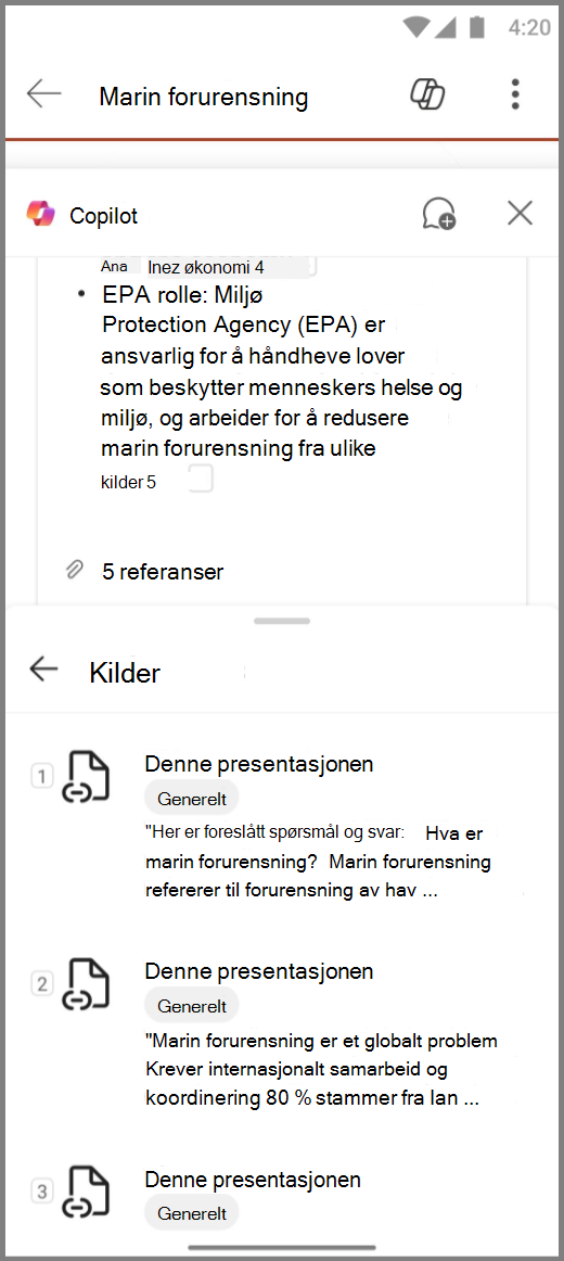 Skjermbilde av Copilot i PowerPoint på Android-enhet med referanser for svaret Oppsummer denne visningen