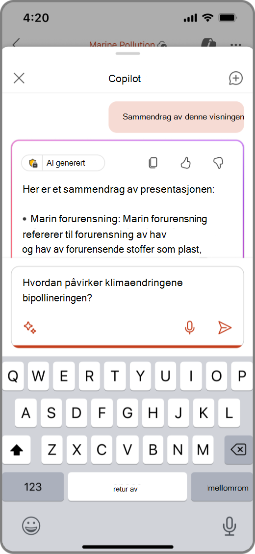 Skjermbilde av Copilot i PowerPoint på iOS-enhet med en ledetekst i skriveboksen